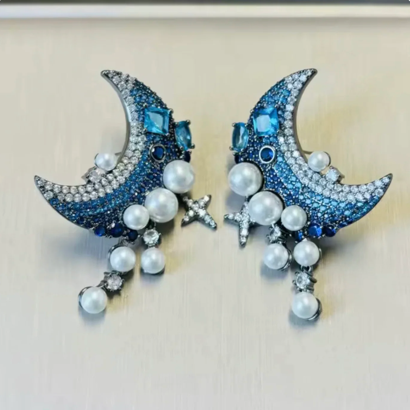 White Pearl Moon Drop Earrings